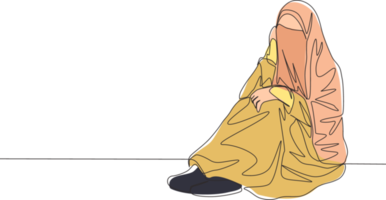 soltero continuo línea dibujo de joven atractivo medio este muslimah vistiendo burka sentado en el piso. tradicional musulmán mujer niqab con hijab concepto uno línea dibujar diseño vector ilustración png