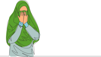 soltero continuo línea dibujo de joven linda saudi árabe muslimah vistiendo burka y cubierta cara con manos. tradicional musulmán mujer niqab hijab concepto uno línea dibujar diseño vector ilustración png