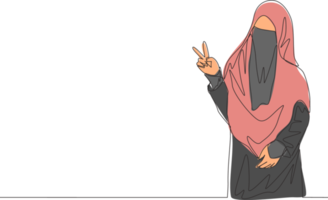 Single continuous line drawing of young attractive wearing burqa with veil giving victory gesture. Traditional beauty muslim woman niqab with hijab concept one line draw design vector illustration png