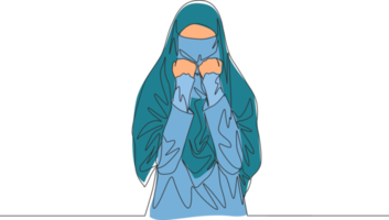 Single continuous line drawing of young attractive middle east muslimah wearing burqa with head scarf. Traditional beauty muslim woman niqab with hijab concept one line draw design vector illustration png