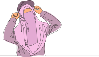 un continu ligne dessin de Jeune mignonne beauté milieu est muslimah portant burqa avec branché chapeau. traditionnel magnifique islamique femme niqab robe concept Célibataire ligne dessiner conception vecteur illustration png