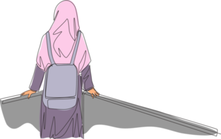 uno soltero línea dibujo de joven belleza medio este muslimah vistiendo burka y que lleva bolsa, espalda vista. tradicional árabe mujer niqab paño concepto continuo línea dibujar diseño vector ilustración png