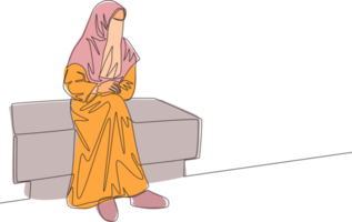 Single continuous line drawing of young attractive middle east muslimah wearing burqa siting on chair. Traditional beauty muslim woman niqab with hijab concept one line draw design vector illustration png