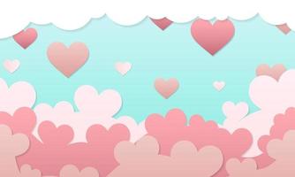 póster o bandera con cielo y papel cortar nubes rojas, rosado y blanco volador corazones. vector ilustración. papel cortar decoraciones para San Valentín día frontera o marco diseño, contento San Valentín día rebaja