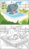 gracioso elefante dibujos animados con un pequeño pescado en nadando piscina, colorante libro o página vector