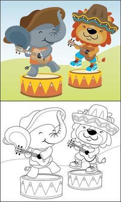 Cartoon elephant with lion playing guitar in Mexican sombrero hats, coloring book or page