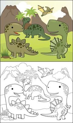 Group of dinosaurs cartoon on volcanoes background, coloring book or page