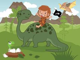 Cartoon caveman riding dinosaur, prehistoric elements on volcanoes background vector