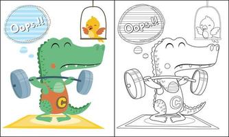 Vector cartoon of funny crocodile lifting barbell, bird on a perch, coloring page or book