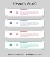 cuatro numerado rectangular marcos metido en horizontal fila. concepto de 4 4 etapas de márketing estrategia. moderno plano infografía diseño modelo. sencillo vector ilustración para negocio presentación