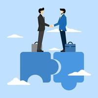 the concept of togetherness or teamwork that supports each other. Successful businessman completing deal and handshake on jigsaw puzzle. cooperation and agreement to help the success of the business. vector