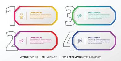 Four numbered rectangular frames placed in horizontal row. Concept of 4 stages of marketing strategy. Modern flat infographic design template. Simple vector illustration for business presentation