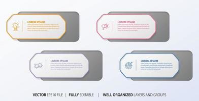 Four numbered rectangular frames placed in horizontal row. Concept of 4 stages of marketing strategy. Modern flat infographic design template. Simple vector illustration for business presentation