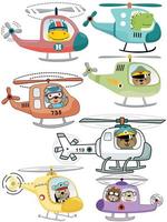 Vector set of helicopters cartoon with funny animals pilots