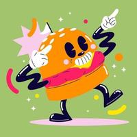 Fast food Burger Mascot, Cartoon Retro art, Vintage Illustration Character vector