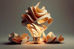 new idea concept with crumpled office paper and light bulb. Inspiration concept crumpled paper light bulb metaphor for choosing the best idea. . photo