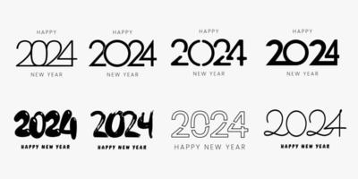 Big set 2024 Happy New Year black logo text design. 2024 number design template. Collection of symbols of 2024 Happy New Year. Vector illustration with creative labels isolated on white background.