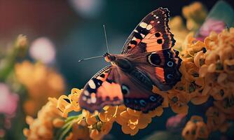 hermosa mariposa alimentación en un flor de cerca. macro mariposa. mariposa en un primavera flor entre el campo. generativo ai foto