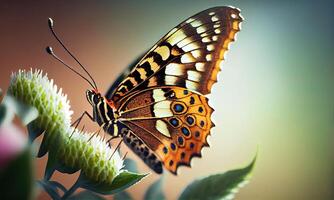 Beautiful butterfly feeding on a flower closeup. Macro butterfly. Butterfly on a spring flower among the field. photo