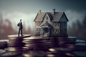 Mini house on a stack of coins. Concept of Investment property. Miniature house on stack coins using as property real estate and business financial concept. photo