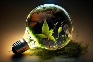 Environmental protection, renewable, sustainable energy sources. The green world map is on a light bulb that represents green energy Renewable energy that is important to the world. photo