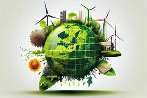 ambiental proteccion, renovable, sostenible energía fuentes. el verde mundo mapa es en un ligero bulbo ese representa verde energía renovable energía ese es importante a el mundo. generativo ai foto