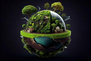 Environmental protection, renewable, sustainable energy sources. The green world map is on a light bulb that represents green energy Renewable energy that is important to the world. photo