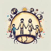 Illustration of People Holding Hands Around The World on White Background for Save Earth Concept. . photo