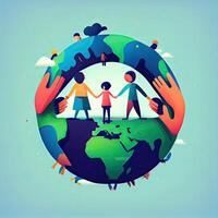 Illustration of People Holding Hands Around The World on White Background for Save Earth Concept. . photo