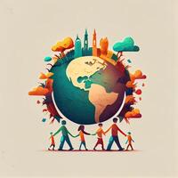 Illustration of People Holding Hands Around The World on White Background for Save Earth Concept. . photo