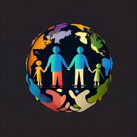 Illustration of People Holding Hands Around The World on White Background for Save Earth Concept. . photo