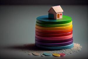 colorful Mini house on a stack of coins. Concept of Investment property. Miniature house on stack coins using as property real estate and business financial concept. photo