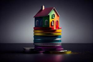 colorful Mini house on a stack of coins. Concept of Investment property. Miniature house on stack coins using as property real estate and business financial concept. photo