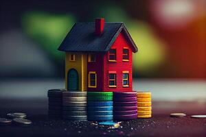 colorful Mini house on a stack of coins. Concept of Investment property. Miniature house on stack coins using as property real estate and business financial concept. photo