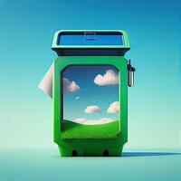 illustration cartoon of Trash recycle. Bin container for disposal garbage waste and save environment. Green dustbin for recycle glass can trash. photo