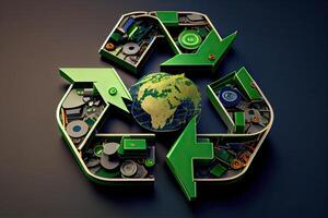 illustration of Green arrows recycle eco symbol. Cycle recycled icon. Recycled materials symbol. Eco concept with recycling symbol. . photo