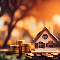 Mini house on a stack of coins. Concept of Investment property. Miniature house on stack coins using as property real estate and business financial concept. photo