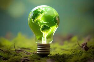 Environmental protection, renewable, sustainable energy sources. The green world map is on a light bulb that represents green energy Renewable energy that is important to the world. photo