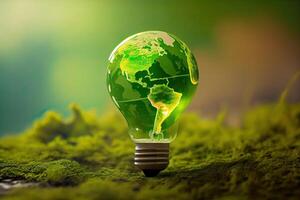 Environmental protection, renewable, sustainable energy sources. The green world map is on a light bulb that represents green energy Renewable energy that is important to the world. photo