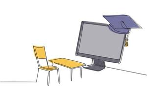 Single one line drawing empty study chairs and desks facing giant monitor screen in which there is blackboard and graduation cap on top. Modern continuous line draw design graphic vector illustration