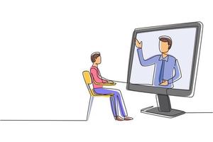 Single continuous line drawing male student sitting studying staring at giant monitor screen and inside laptop there is male lecturer who is teaching. One line draw graphic design vector illustration