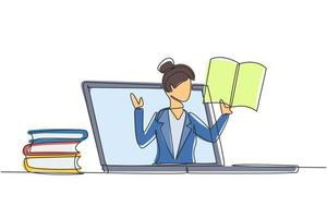 Continuous one line drawing female teacher is teaching, half of her body is out of laptop screen and beside her is pile of books. internet class. Single line draw design vector graphic illustration