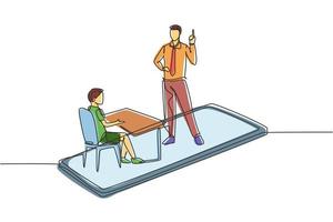 Continuous one line drawing male teacher teaching male junior high school student who sits on bench around desk and studies on smartphone. Single line draw design vector graphic illustration