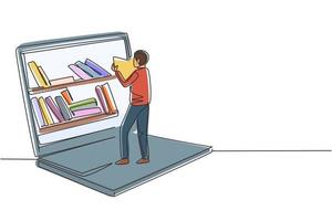 Single continuous line drawing male student reading book while standing in front of large laptop with bookshelf on screen. Mobile education. Dynamic one line draw graphic design vector illustration