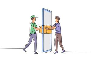 Single one line drawing male courier delivers box package, through smartphone screen to male customer. Online delivery service concept. Modern continuous line draw design graphic vector illustration