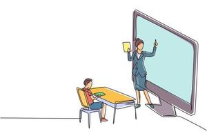 Continuous one line drawing female teacher standing in front of monitor screen holding book and teaching male junior high school students sitting on benches around desk. Single line draw design vector