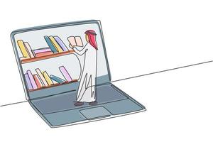 Single continuous line drawing young Arab male college student reading book while standing in front of laptop screen with bookshelf on screen. Dynamic one line draw graphic design vector illustration