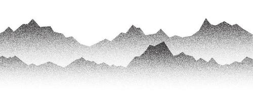 Dotted mountain gradient background. Noisy stippled grainy texture. Abstract rocks landscape with peaks with sand effect. Vector halftone fade illustration