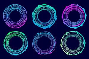 HUD futuristic elements. Abstract optical neon aim. Circle geometric shapes for virtual interface and games. Camera viewfinder for sniper weapon. Vector set