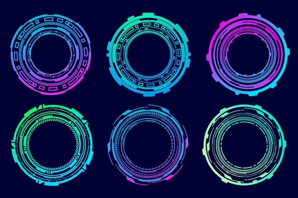 HUD futuristic elements. Abstract optical neon aim. Circle geometric shapes for virtual interface and games. Camera viewfinder for sniper weapon. Vector set